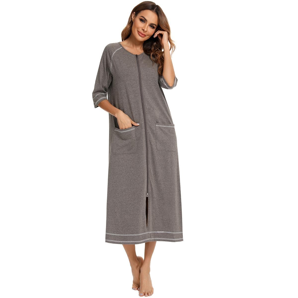 Bright Deer Women Zipper Maternity Robe 3/4 Sleeve Long Hospital Birthing Labor and Delivery Gown Nursing Nightgowns House Bathrobe Lounger Sleepwear S grey