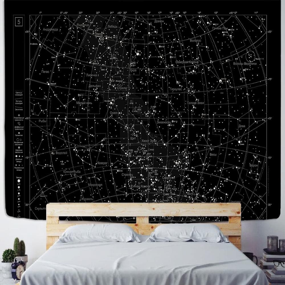 Tapestry Wall Wall Hanging Northern Hemisphere Sky Map Star Constellations Tapestry Black Background Interstellar Sky Wall Decor 275x180CM