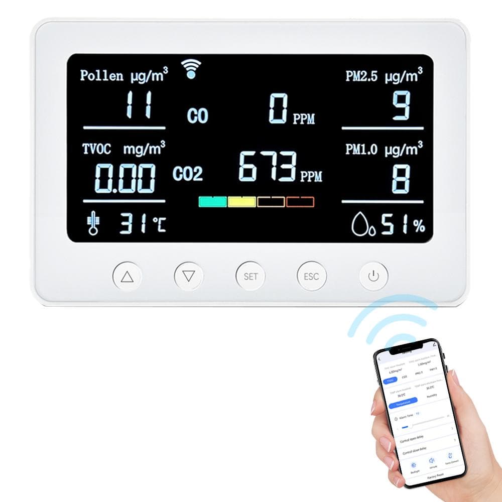 2.4GHz WiFi Air Quality Monitor 8-in-1 CO2/CO/PM2.5/PM1.0/TVOC/Pollen/Temperature and Humidity EU Plug white