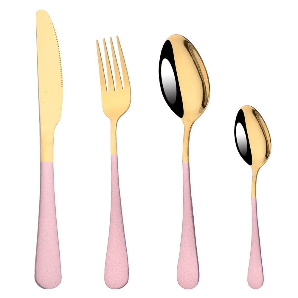 4Pcs White Gold Western Dinnerware Cutlery Set Dinner Flatware Knife Fork Spoon Stainless Steel Silverware Home Tableware Set pink/gold