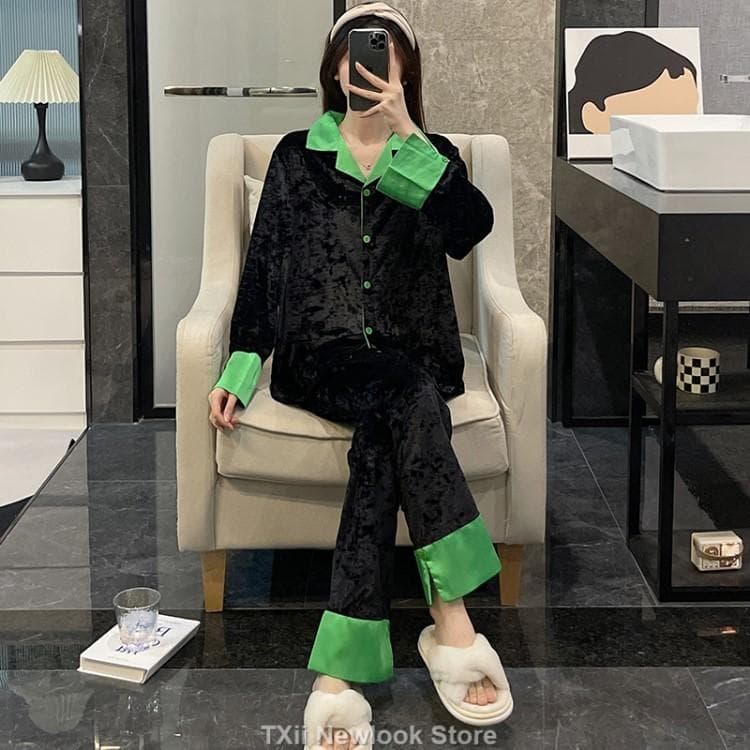 Spring and Autumn Gold Velvet Pajamas for Women Winter Long-sleeved Home Clothes and Outdoor Suits XXL