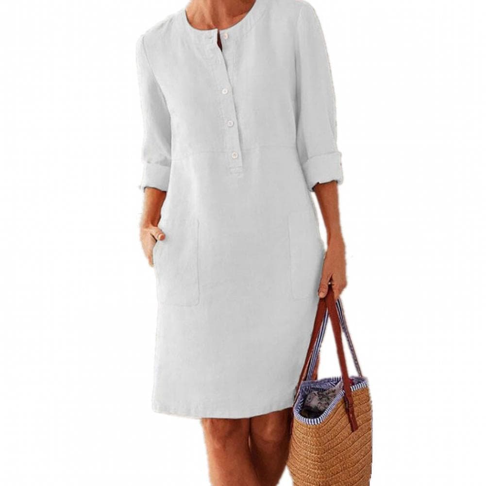 Midi Dress Elegant Knee-length Women's Dress with Round Neck Long Sleeves Patch Pocket for Casual Daily Wear in Fall Spring M white