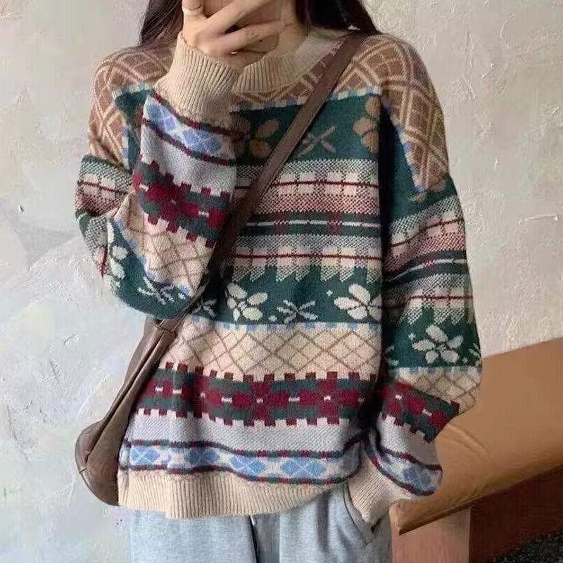 Vintage Jacquard Sweater Female Autumn and Winter Design Feeling Lazy Style Round Neck Sleeve Long Sleeve Female Loose Outside Wear One size