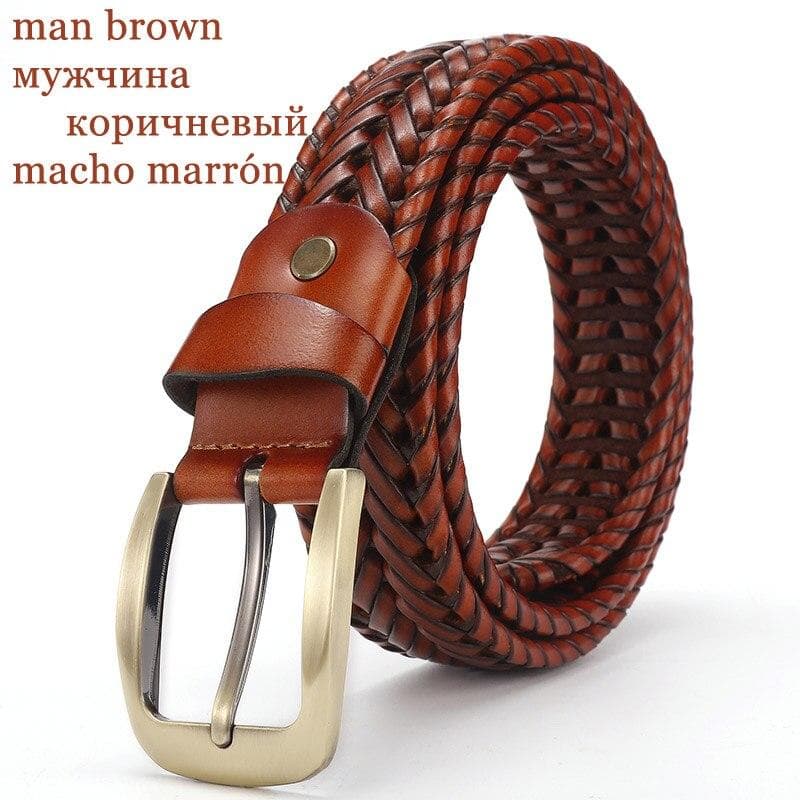 Woven belt genuine leather women's straps man belts Wide girdle Male cow skin vintage fashion brand 95CM brown