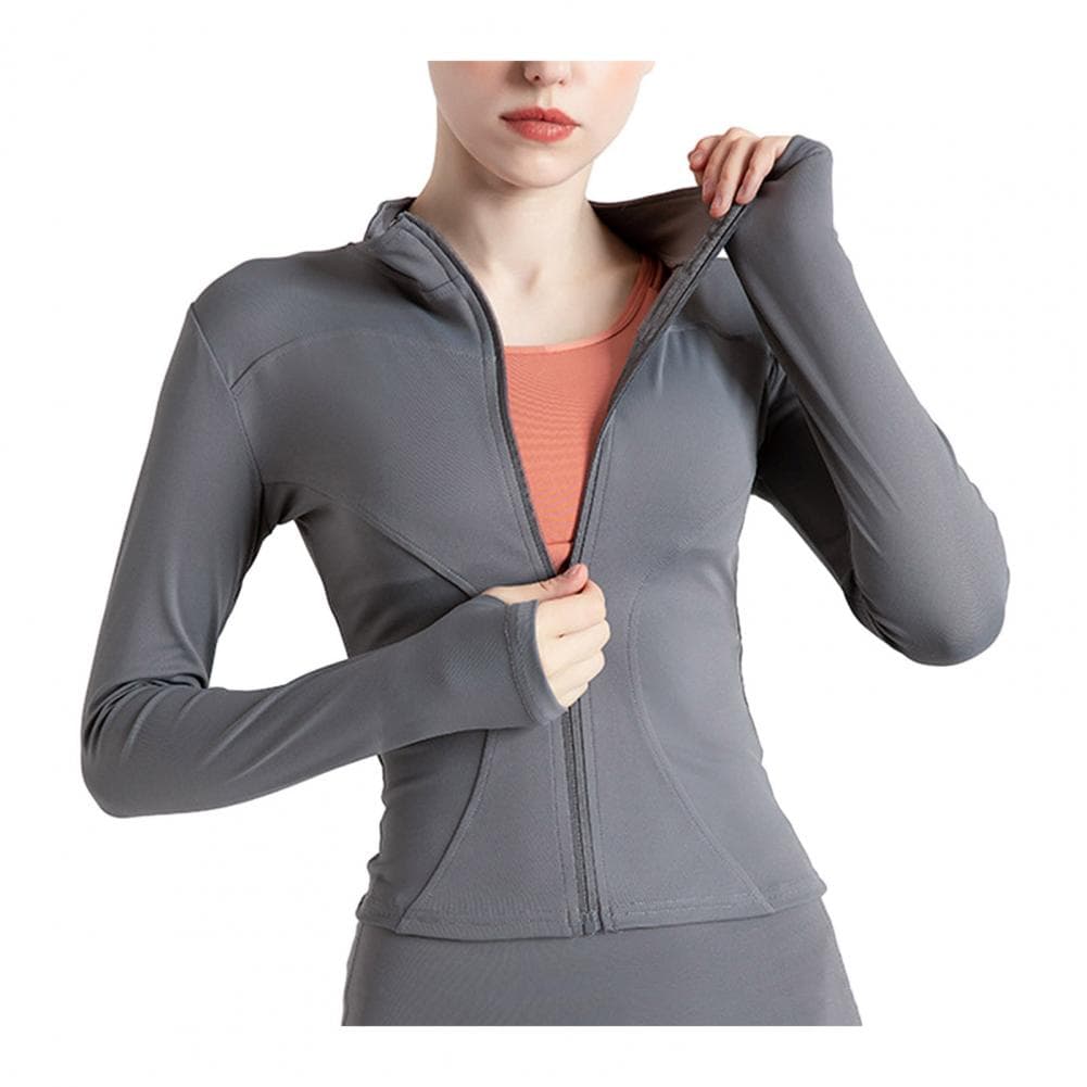 Women Sports Coat Stand Collar Sweat Absorption Quick-drying Long Sleeve Soft Breathable Zipper Closure Elastic SLim Fit Jogging M grey