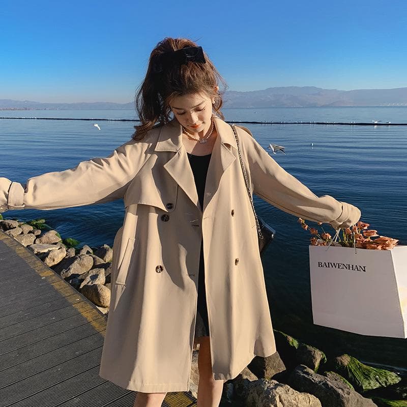 Spring New Khaki Back Design Pleated Mid-length Temperament Windbreaker Women's Jacket XL