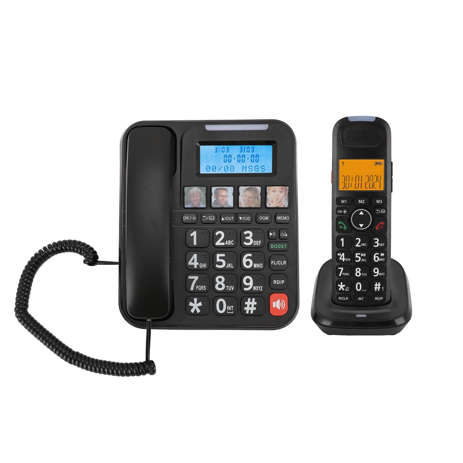 Corded and Cordless Phone 2in Screen Expandable Big Button with Answering Machine Call Blocking EU Plug black