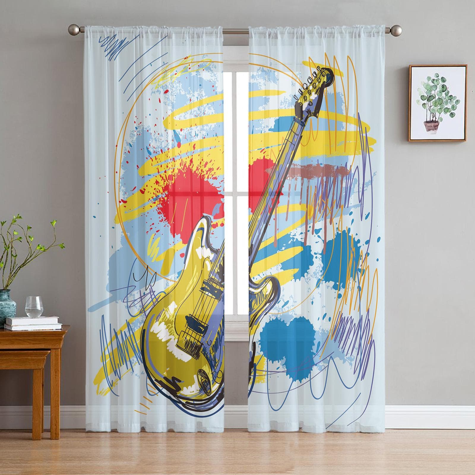 Rock Guitar Music Sheer Curtains for Living Room Voile Curtain Bedroom Bathroom Tulle Curtains Window Drapes 135W x 160H(cm) x2