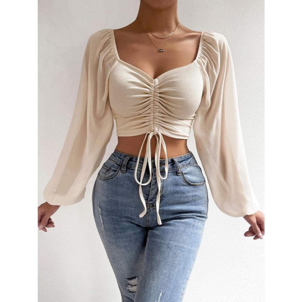 Summer New V-neck Chiffon Drawstring Lantern Sleeve Tight Fashion Sexy Shirt Top L apricot