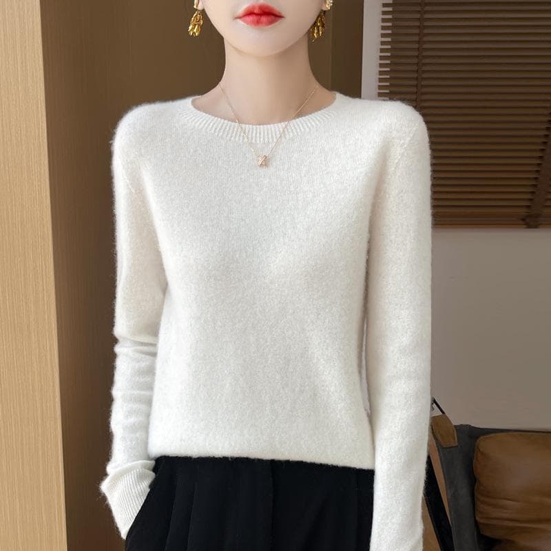 Women's 100% Pure Wool Loose Knitted Pullover Sweater for Autumn/Winter crew neck, L white
