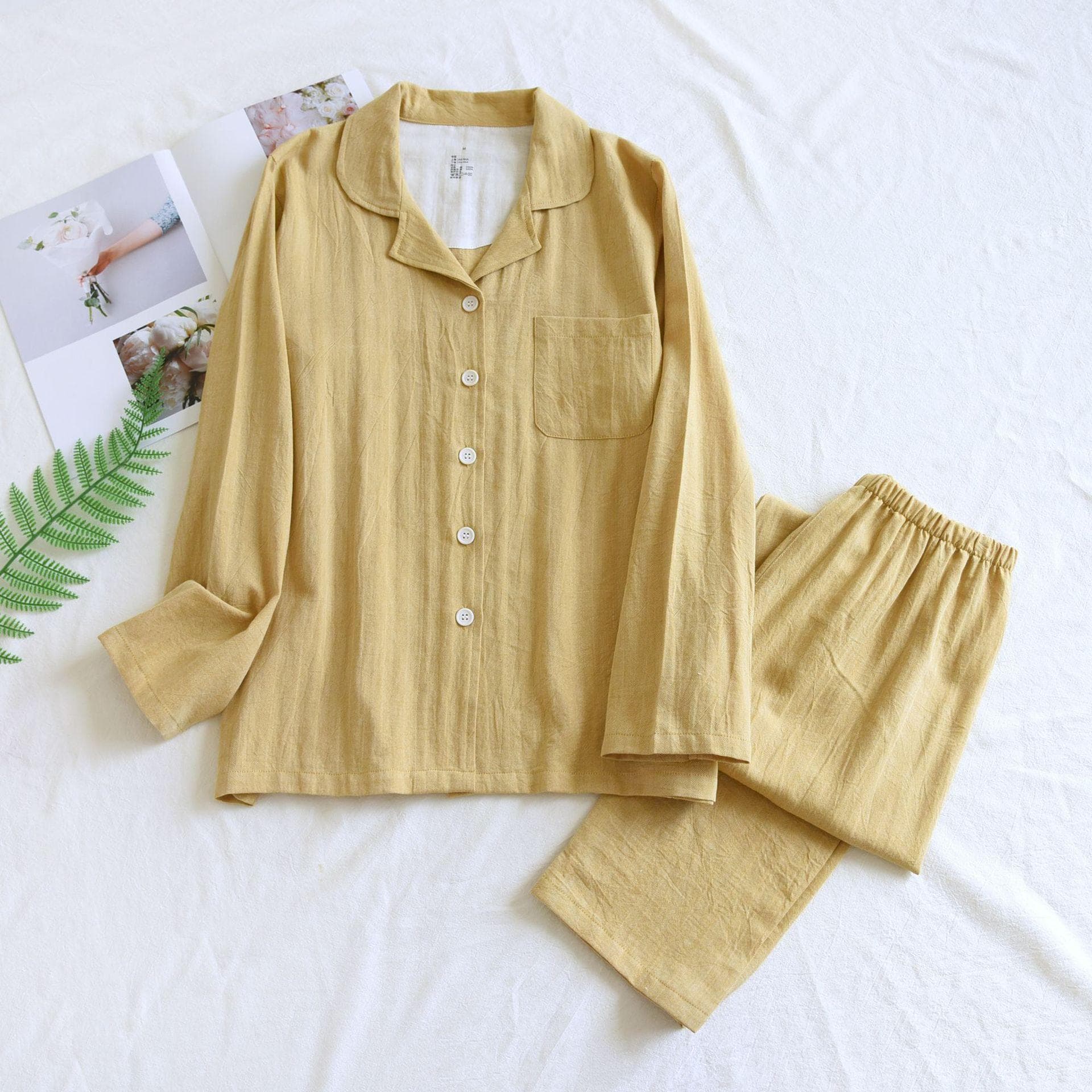Women's Lapel Pajamas Long Sleeves Pants Nightwear Spring Autumn Home Wear Solid Color Minimalist Sleepwear Loose Casual Pyjamas XL yellow