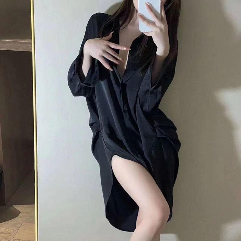 Pajama Dress Women's Summer Long Sleeved White Shirt Oversized Pajama Medium Length Ice Silk Shirt L