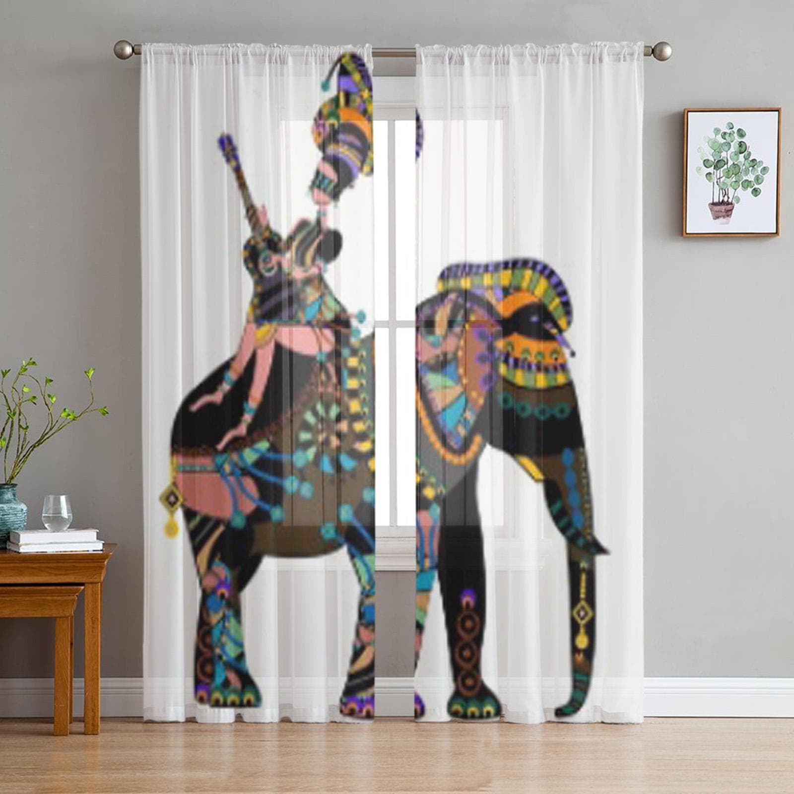 Woman Sitting On The Back Of An Elephant In Ethnic Style Sheer Curtains Living Room Tulle Window Curtain Bedroom Kitchen Drapes 135W x 114H(cm)