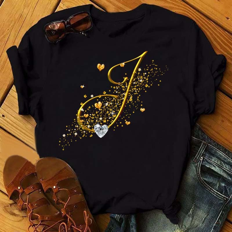Custom Name Letter 3D Printe Women T-shirt Diamond Gold Letter Font A B C D E F G Black T-shirt 4XL