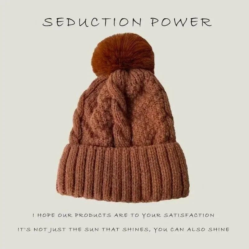 New Winter Knitting Solid Color Hat For Women Fur Pompom Thick Plush Beanie Cap Ladies Warm Ski Snow Skullies Beanies One Size