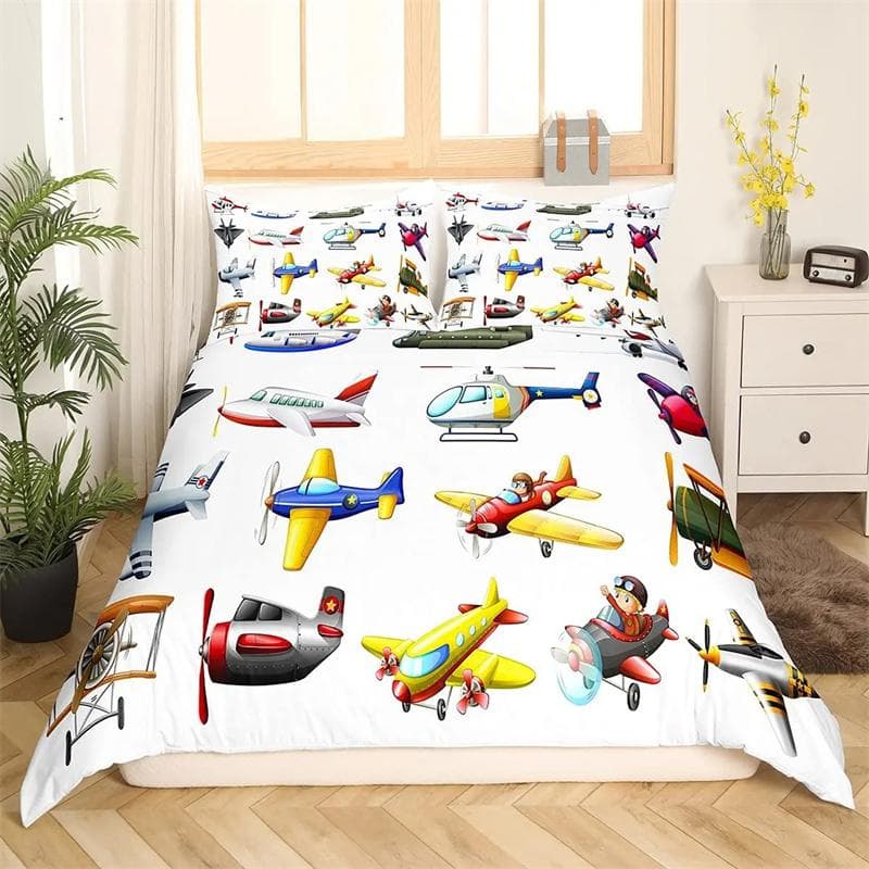 Airplane Duvet Cover Planes Fying In Air Aviation Airport Helicopters and Jets Cartoon Style Room Decorative for Boys Girls Gift 140x210cm 2pcs