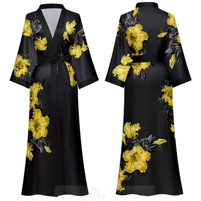 Chinese Style Print Women Long Robe Nightgown Retro Satin Sleepwear Nightdress Half Sleeve Kimono Bathrobe Gown Loose Home Wear One size