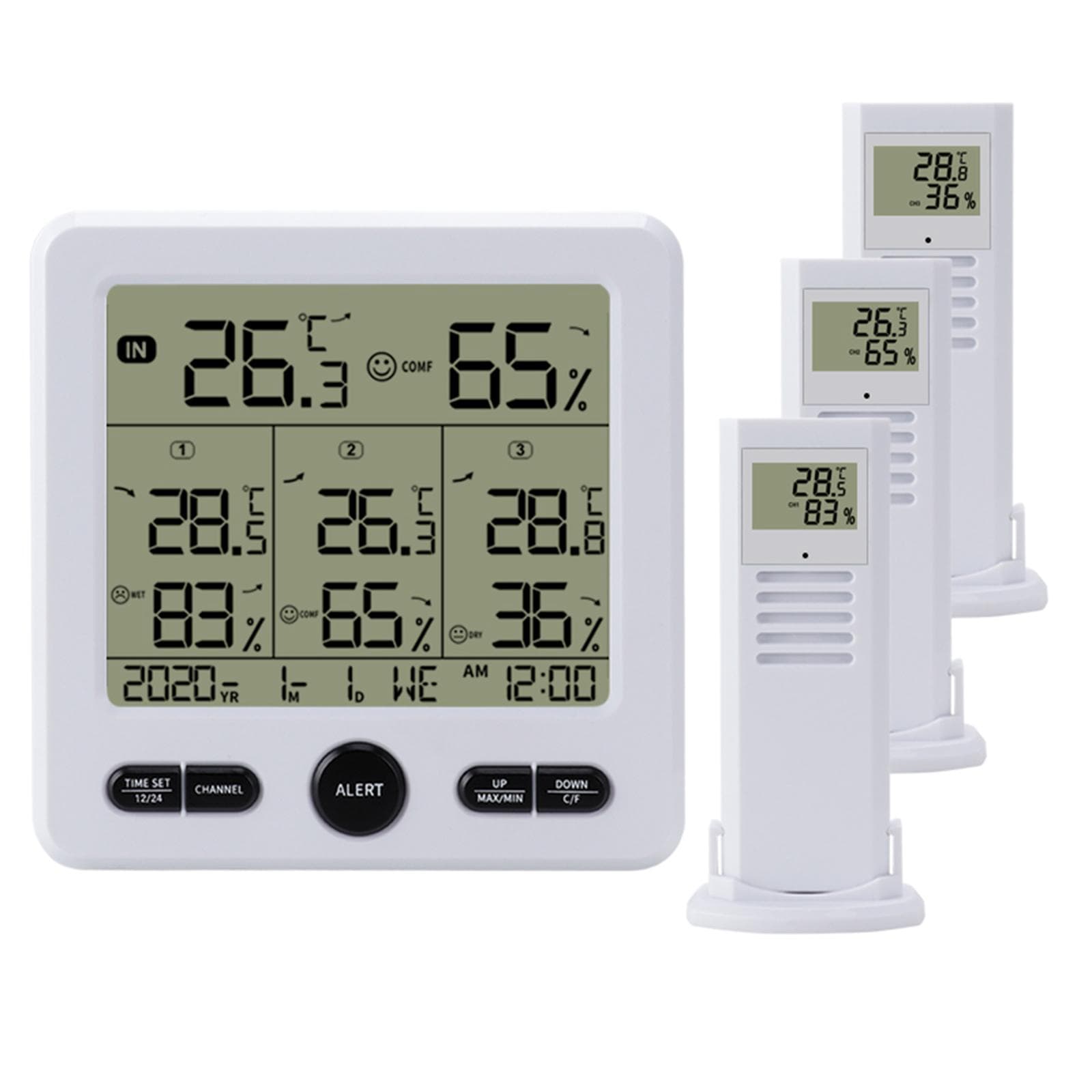 Digital Wireless Indoor Outdoor Thermohygrometer with 3 Remote Sensors 98ft/ 30m Backlight & Alarm white