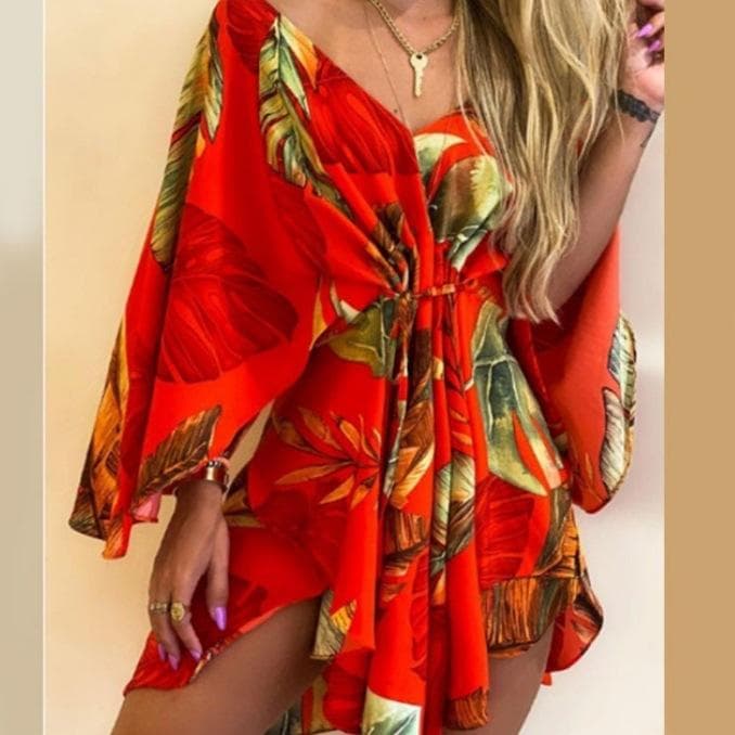 Summer Women's Sexy V-Neck Irregular Bat Sleeve Tie Dress XL red