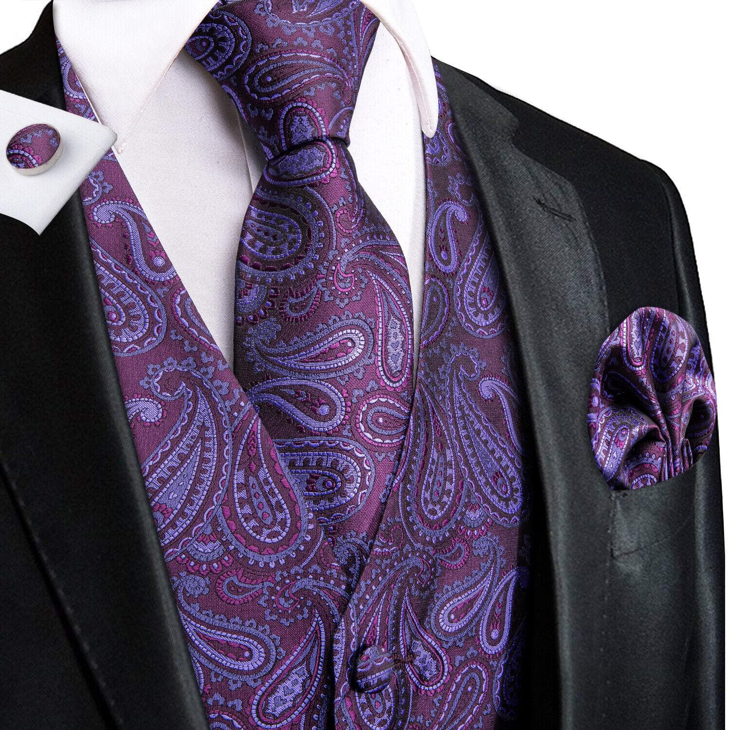 Hi-Tie Mens Waistcoat Silk Paisley Floral Tie Handkerchief Cufflinks SET Formal 3XL