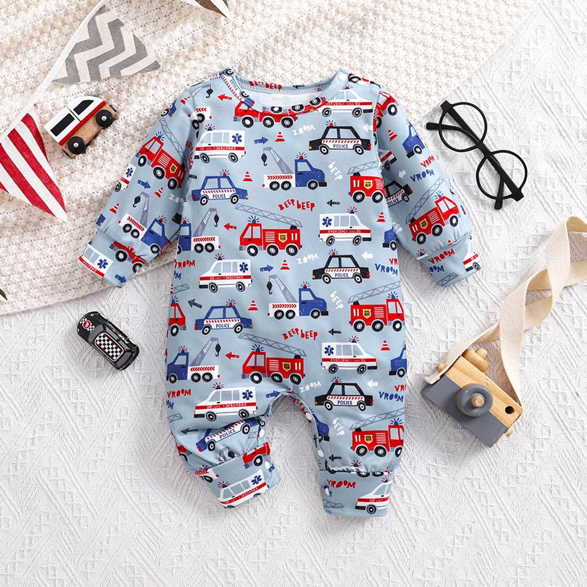 Newborn Baby Boy Cartoon Vehicle Print Long Sleeve Romper 6-9M