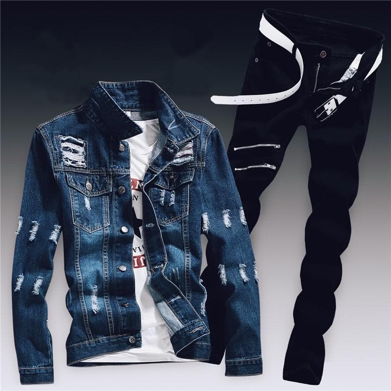 Spring Mens Denim Two Piece Set Hole Ripped Slim Fit Jacket Jeans Sets Male Casual Vintage Ropa Hombre Cargo Suit Streetwear XXL