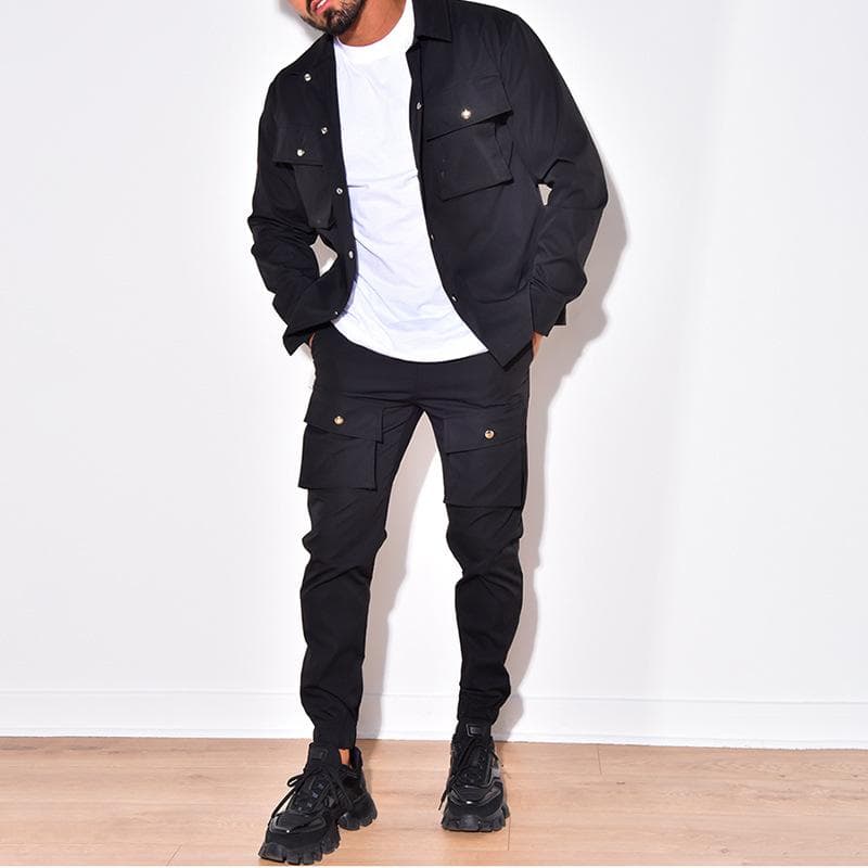 Men's Jacket Cargo Pants Set with Pocket Button Spring Fall Blue Tracksuit Solid Color Male Fashion 2 Pieces Suit XXL black
