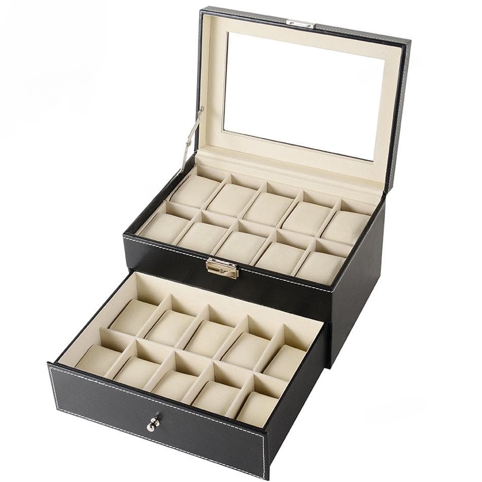 Watch Box 10/20/24 Slots Mens Case Glass Top Black and Gray Display Organizer Lockable 20 frames black