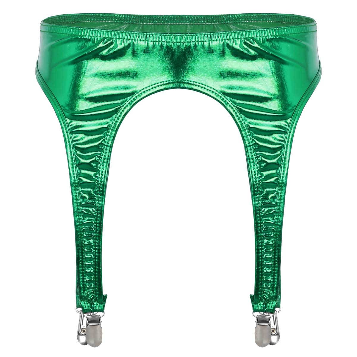 Womens Shiny Metallic Garter Suspender Belt with Metal Duck-Mouth Clips for Thigh High Stockings green