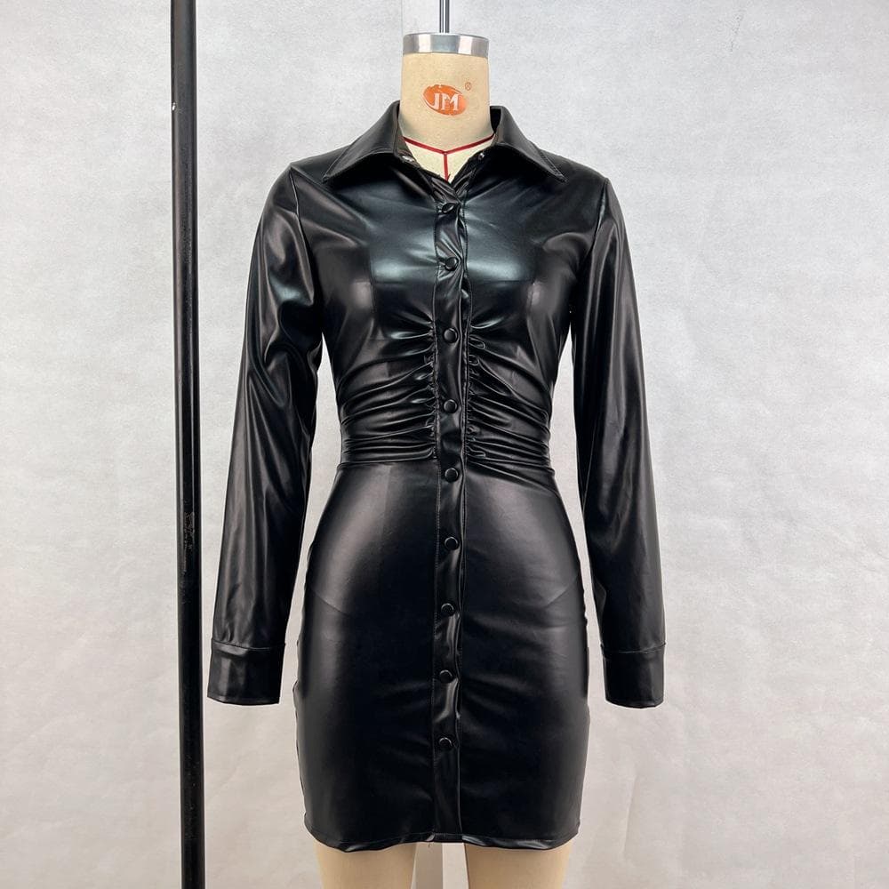 Soft Leather Long-sleeved Dress Autumn and Winter New Women's Pleated Slim Single-breasted Buttons S black