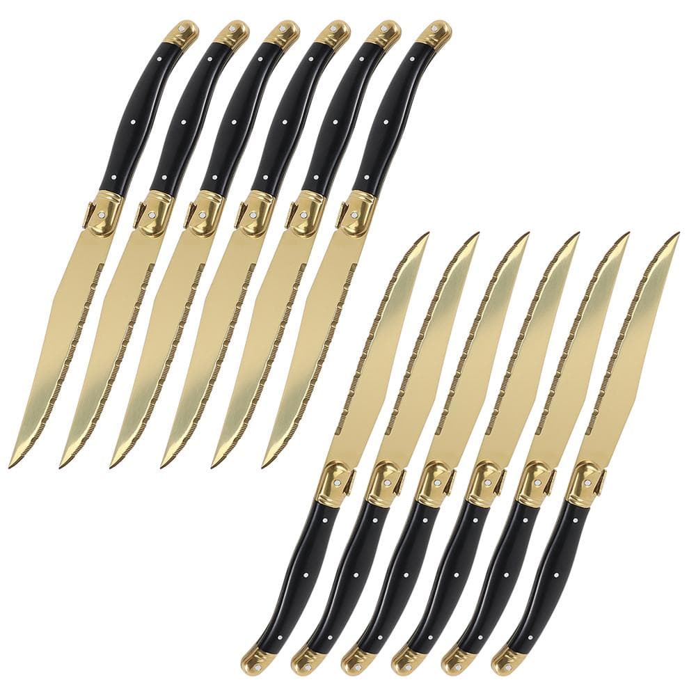 Jaswehome 4/6/8/12pcs Steak Knives Set Titanium Gold Plating Sharp Knives Food Grade Dinnerware Sets Black Golden Dinner Knife