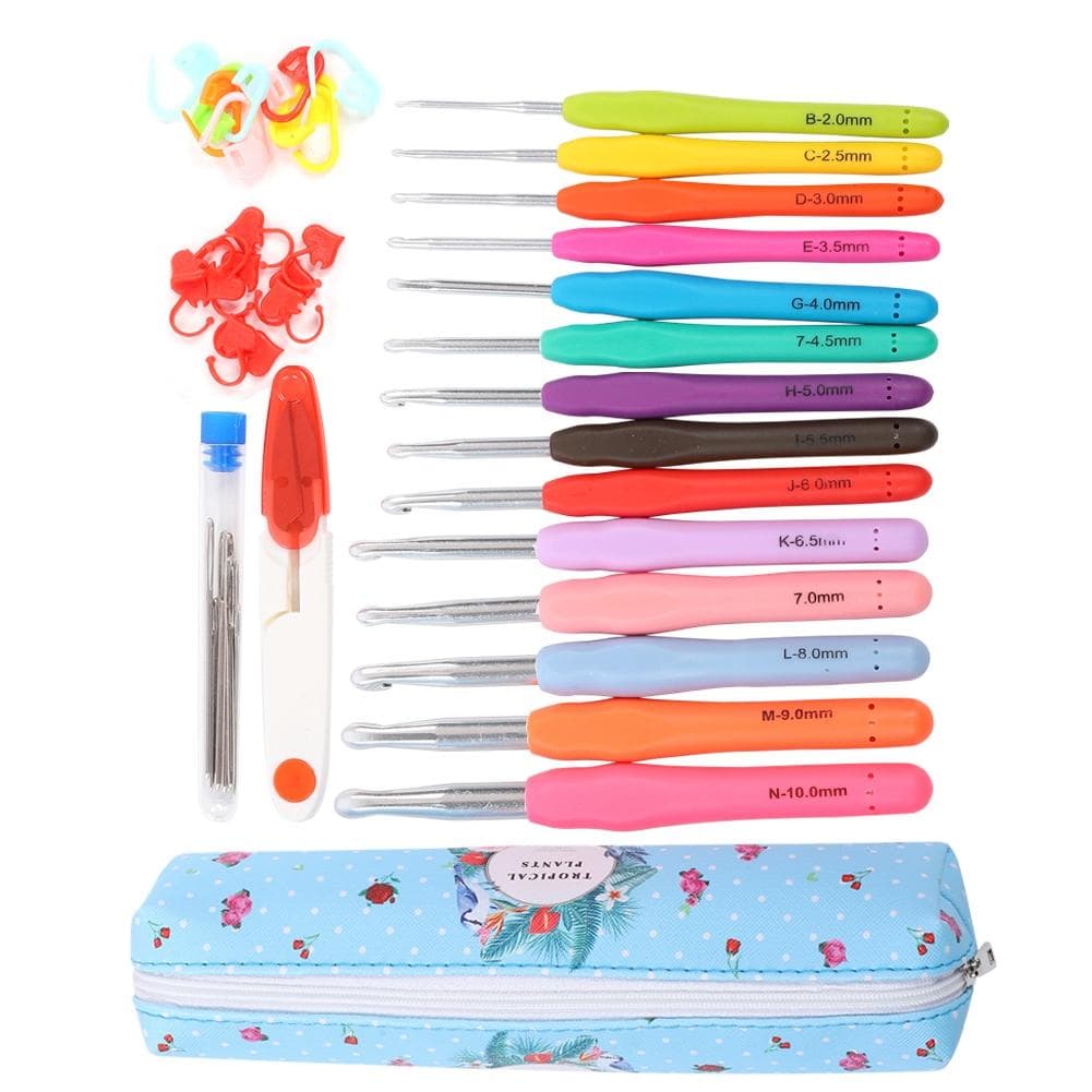 14Pcs Crochet Hooks Extra Long Needles TPR DIY Soft Handle Knitting AccessoriesBlue Scissors Set