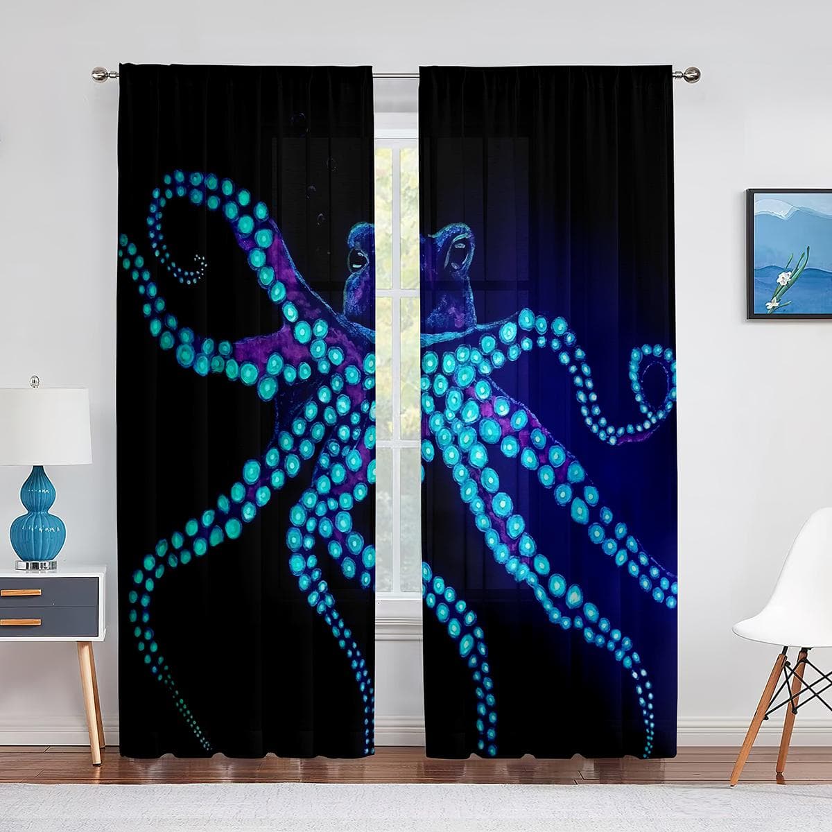 Ocean Kraken Blue Octopus Tentacles Marine Life Tulle Curtains for Living Room Bedroom Sheer Voile Window Curtains Party Drapes 1 PCS W200XH250cm&Grommet Top