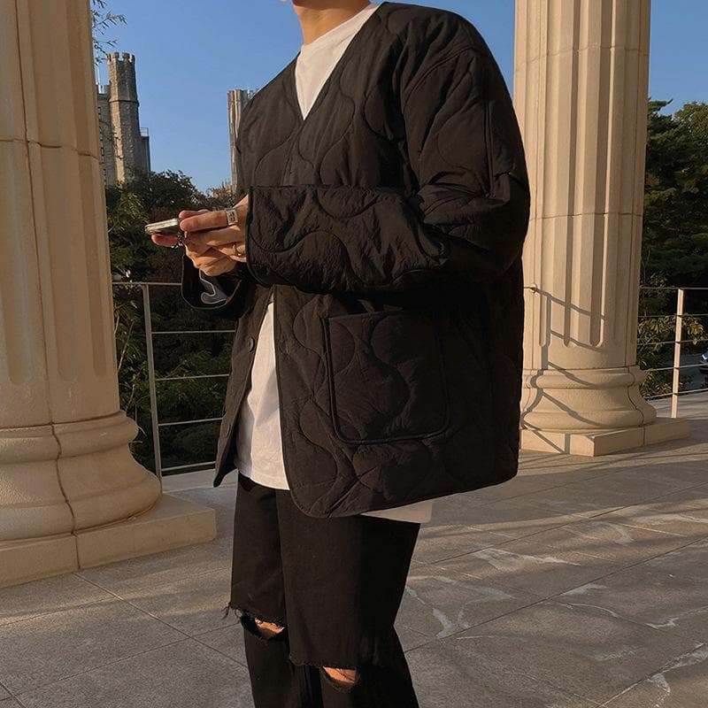 Diamond Plaid Cotton Jacket for Men In Autumn and Winter Korean Style Loose and Trendy Design Niche Cotton Jacket Outer 2XL black