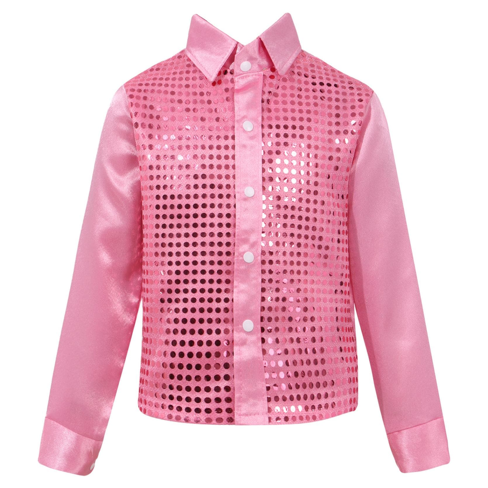 Kids Teens Boys Sequined Long Sleeve Shirt Hip Hop Jazz Disco Dance Shirt Tops Performance Costumes 8-10 Years pink