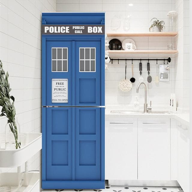 Red Yellow Blue Phone Booth Police PVC Refrigerator Door Sticker Waterproof Self-adhesive Poster Fridge Wallpaper Decor Decals 60x150cm(1 pcs)
