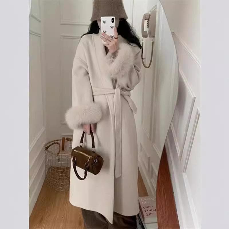 Double-sided Cashmere Coat for Women, New Korean Version, Autumn and Winter Fox Fur Long Bathrobe, High-end Woolen Coat M