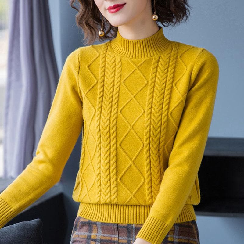 Solid Color Short Loose Plus Size Sweater Women's Winter Half High Neck Base Sweater 3XL yellow