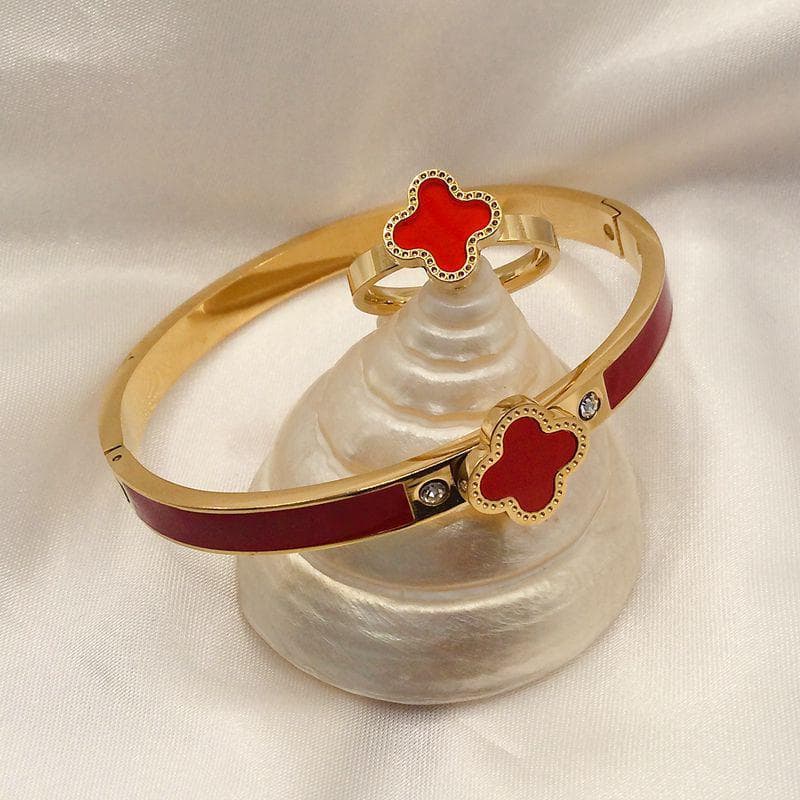 Four-Leaf Clover Bracelet & Ring Set: Titanium Steel, Oil Drip Diamond, Available in Black, White, Red, & Green