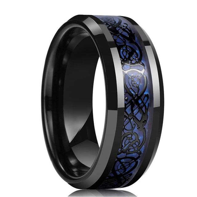 Fashion 8mm Men Red Groove Beveled Edge Stainless Steel Celtic Dragon Ring Zircon Inlay Red Carbon Fibre Ring Men Wedding Band 8