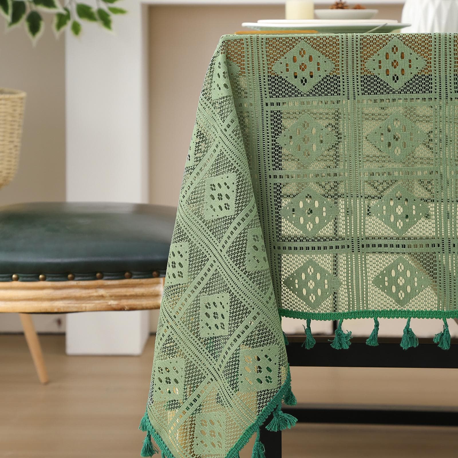 Retro Knitted Table Cloth Lace Green Hollow Out Tablecloth Vintage Crocheted Round Tablecloth American Style Lace Table Topper 140x300cm