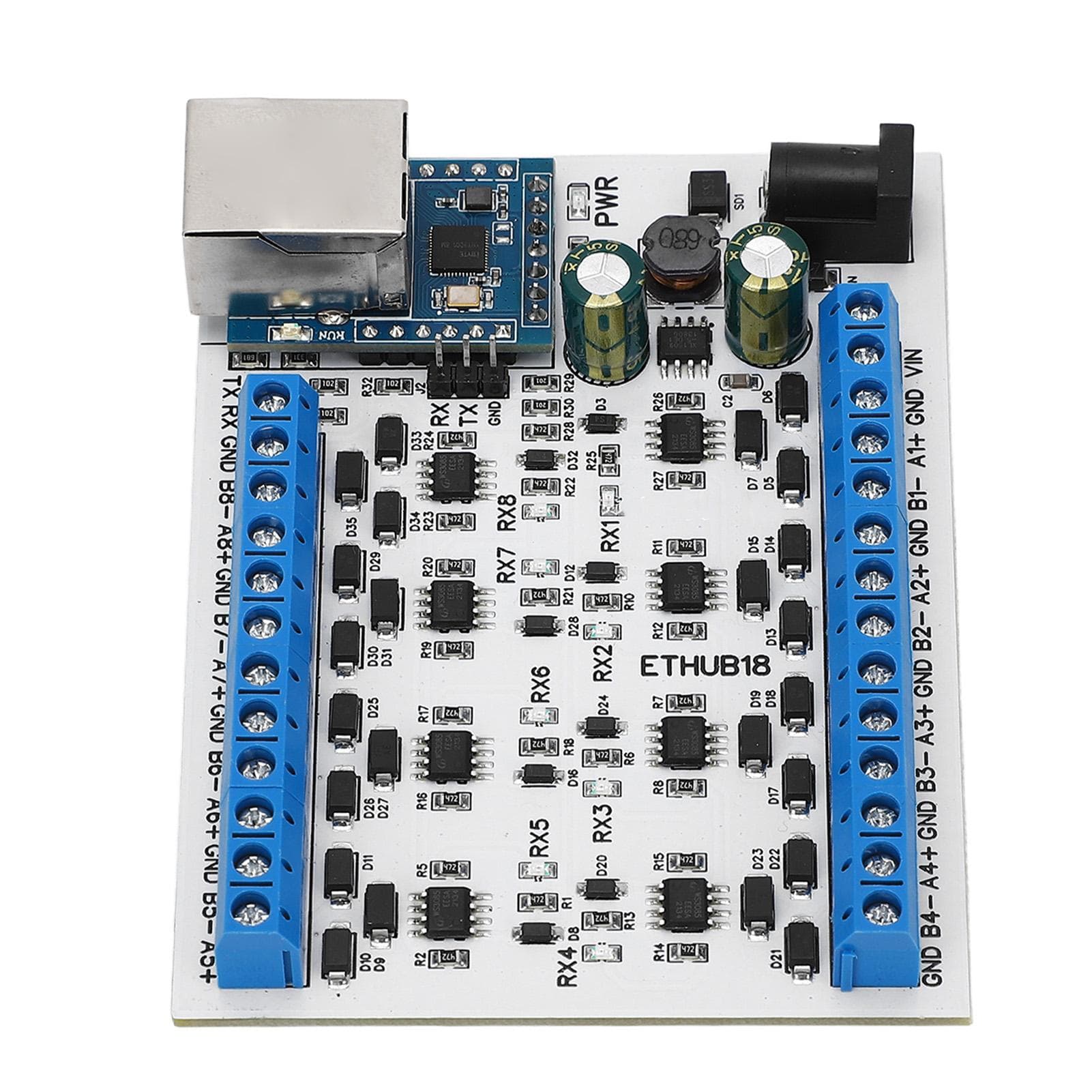 RJ45 to 8 RS485 Hub Converter TVS Surge Protection 115200BPS Hub Board for Security Monitoring
