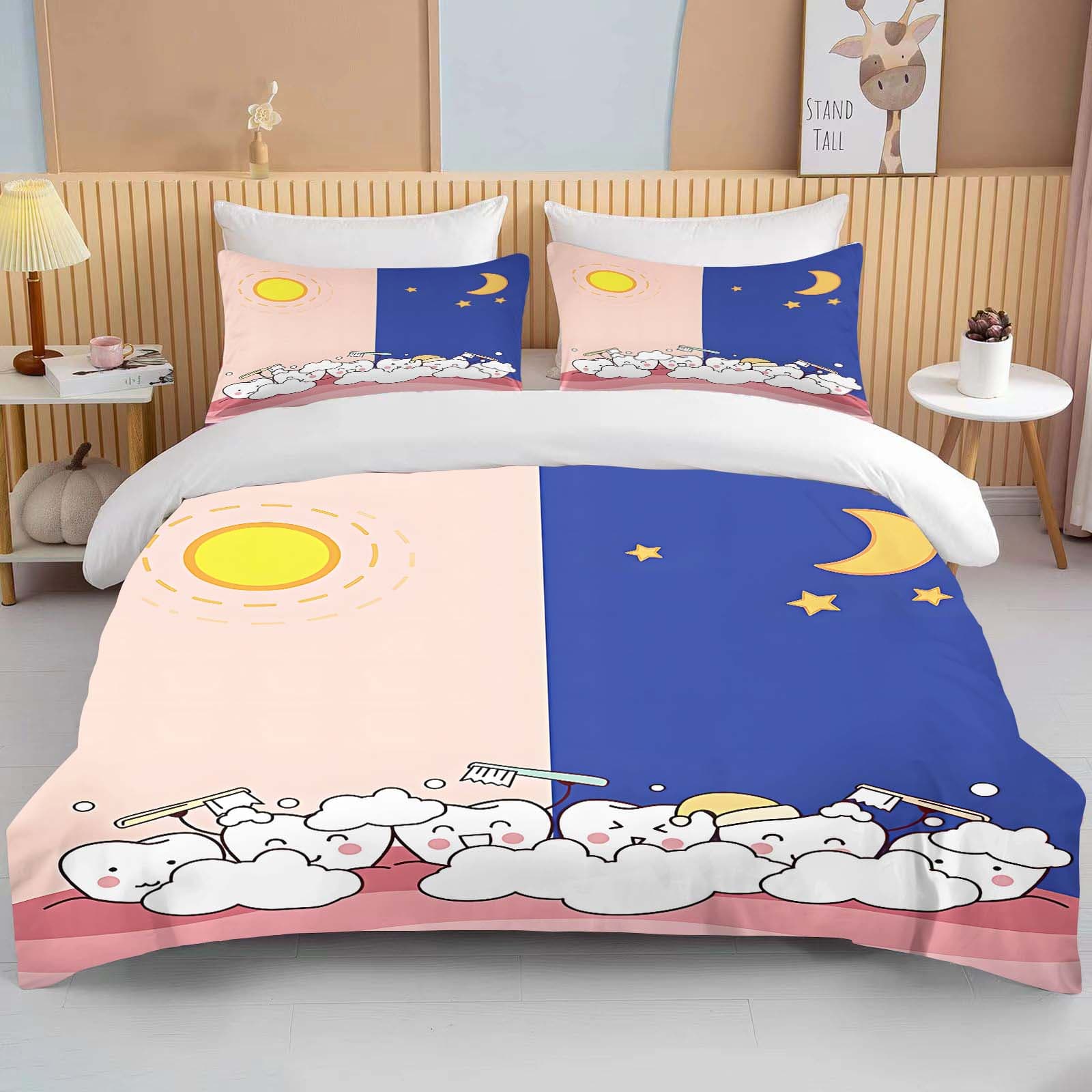Cute Cartoon Teeth Print Bedding Set Duvet Cover 1 Duvet Cover 2 Pillowcases Adult and Children Bedding Set Luxury Bed Cover Set EU single(135x200cm)