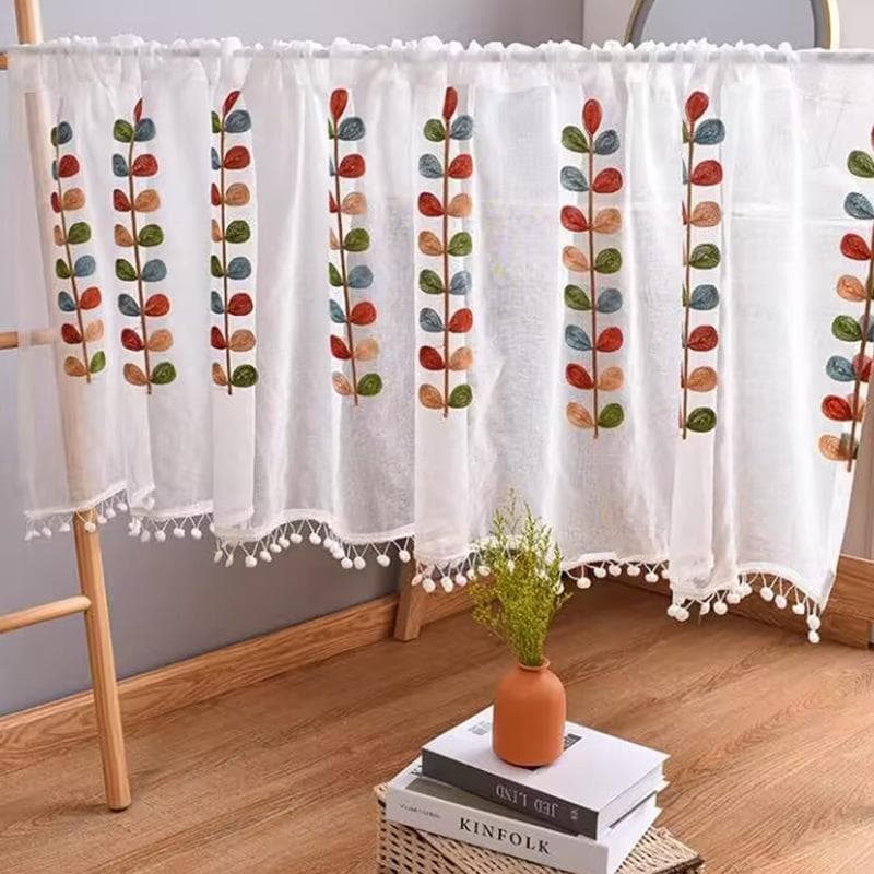Colorful Branch Embroidered Semi Sheer Curtain Kitchen Tiers Half Window Sheer Curtains Coffee Curtain 60*150cm