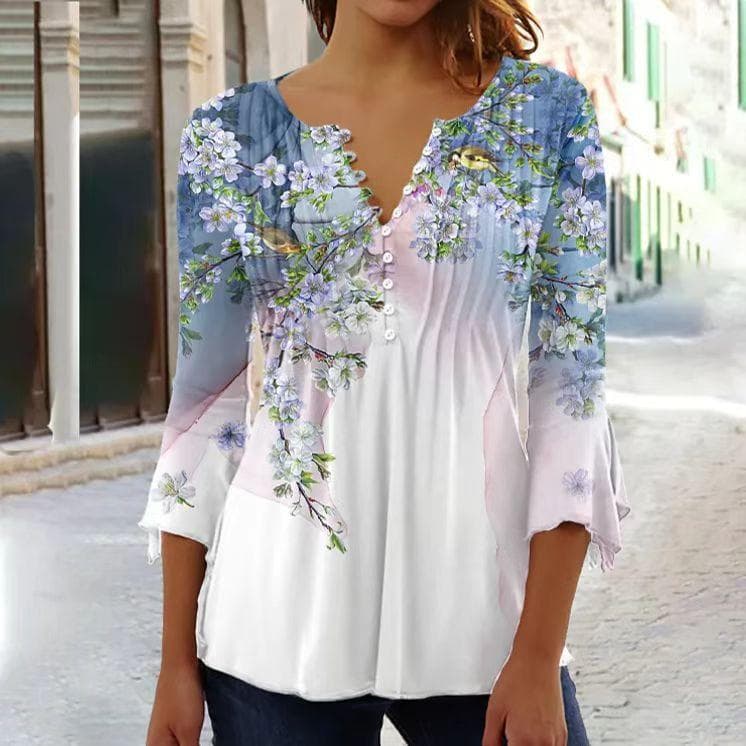 Women Spring Floral Printing Puff Long Sleeve T-Shirts Loose Buuton V-Neck Plus Size Tee Shirt Tops Shirts Ans Blouses S blue