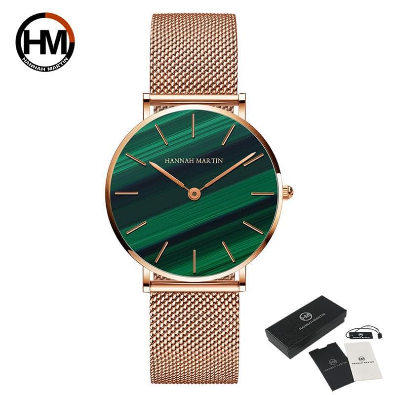 Hannah Martin Women’s Quartz Watches Fashion Quartz Movement Emerald Green Rose Gold 30m Waterproof WristWatches gold