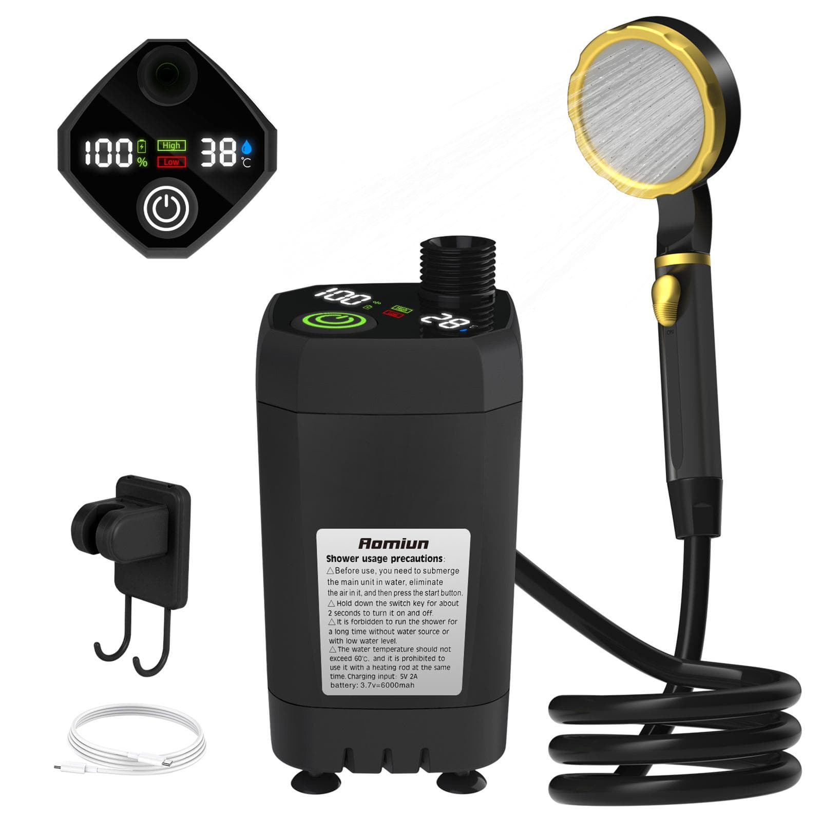 Camping Shower Pump RV Outdoor Shower Kit Camp Shower Intelligent Digital Display Adjustable Shower 6000mah black
