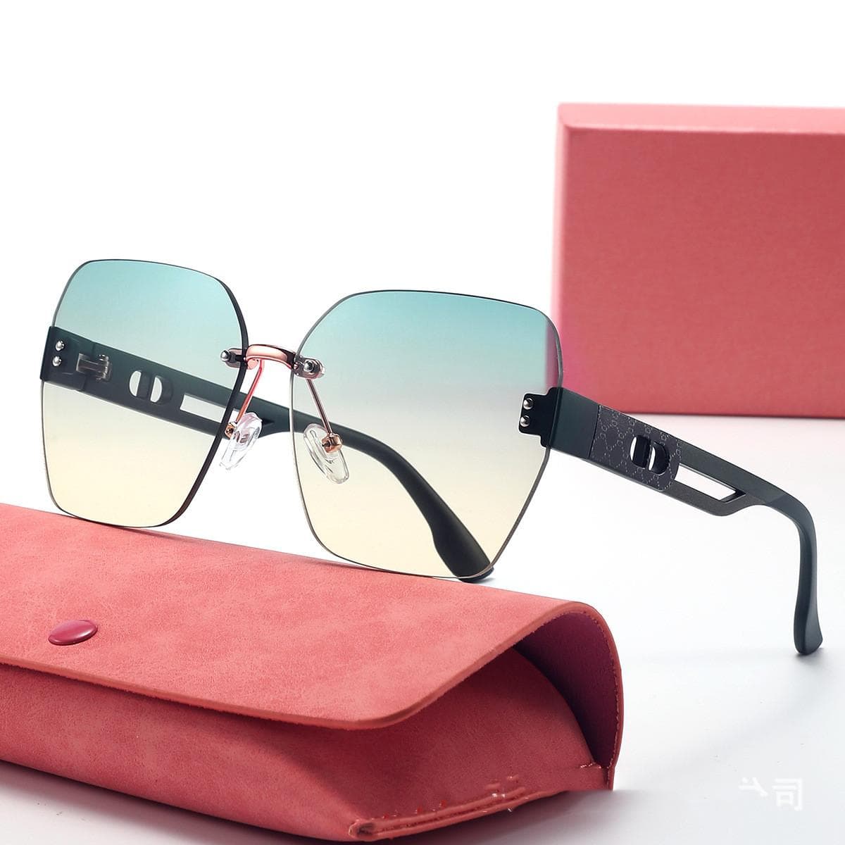 new khaki print frameless cut edge large frame fashion sunglasses for women gradient polygonal sunglasses DS-8170