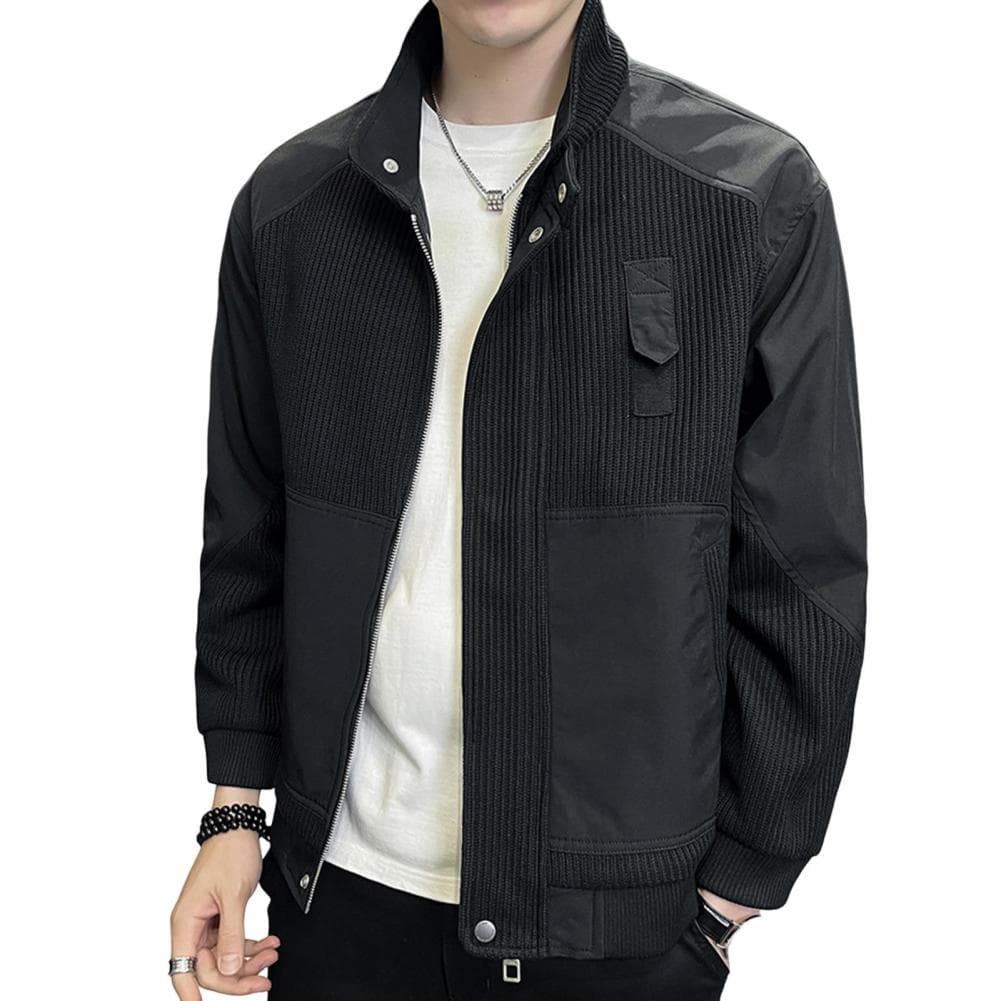 Men Jacket Stand Collar Long Sleeve Zipper Placket Jacket Coat Solid Color Retro Corduroy Jacket Short Style Windbreaker M black