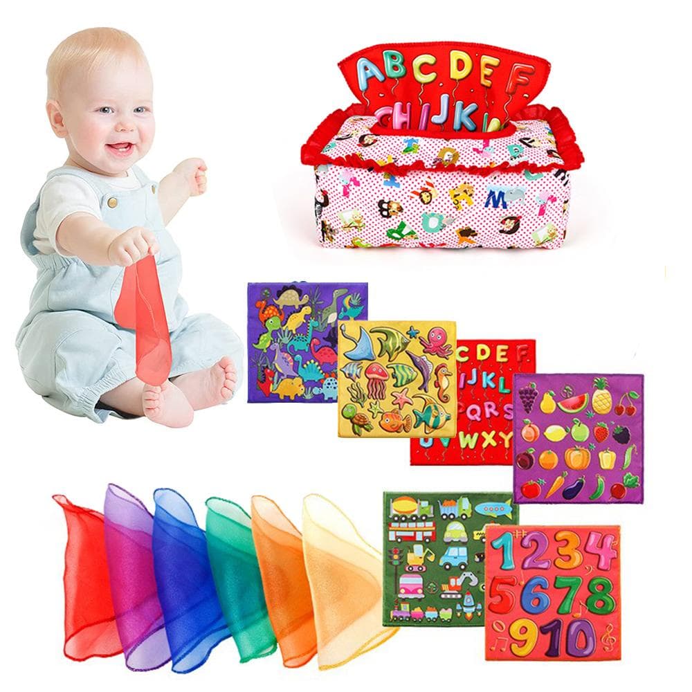 Tissue Box Baby Toy Montessori Toys for 6 to 12 Months Baby Toys Sensory Toy for Babies Toddlers red
